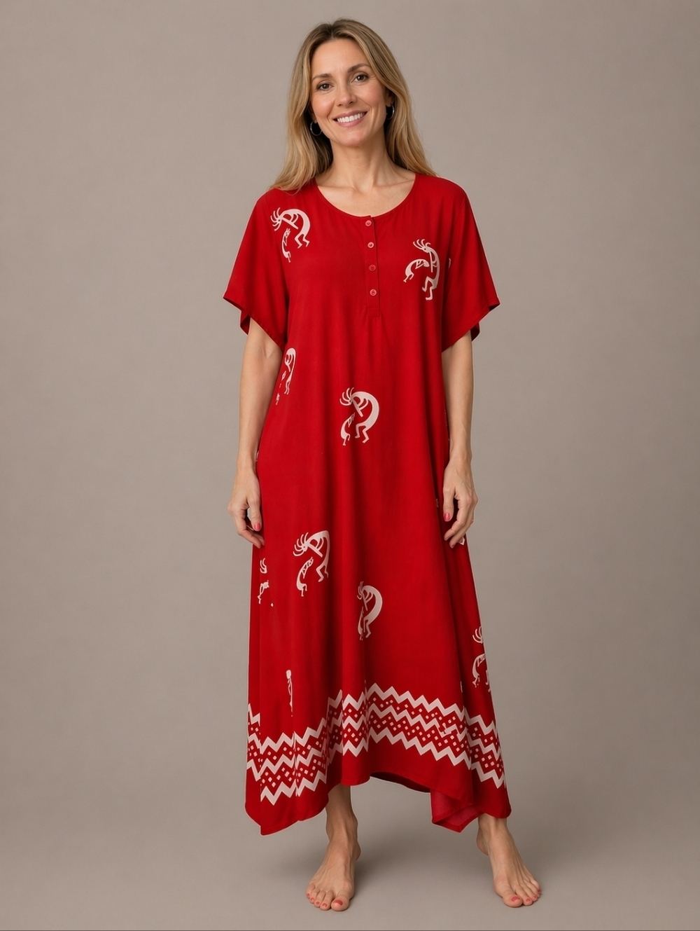 Vtg DESERT JEMS 1980s Tomato Red Southwestern Kokopelli Shirt Dress